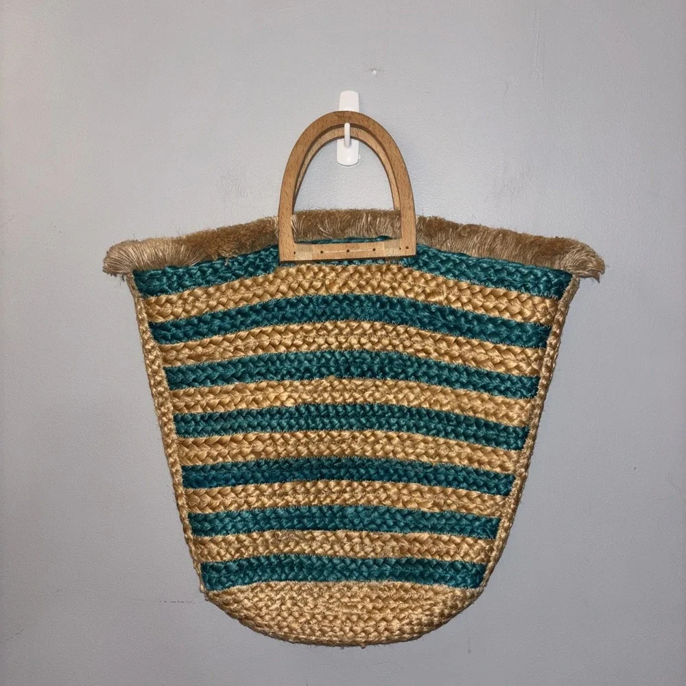 Antik Kraft Turquoise Stripe Jute Wooden Handle Tote‎ Bag Beach Resortwear